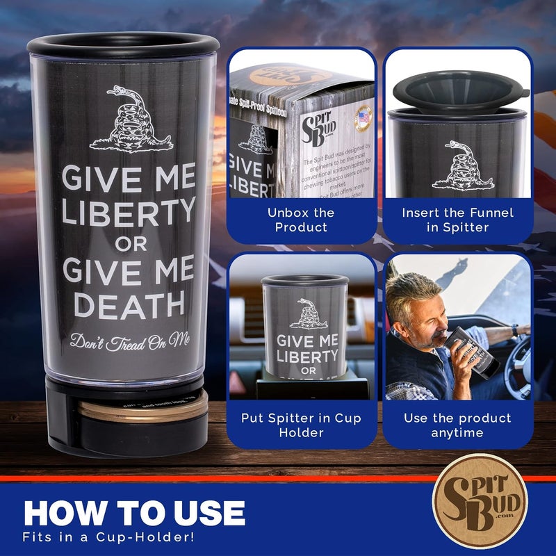 Spit Bud Liberty or Death #3 The Ultimate Spittoon for Chew - Portable Dip & Snuff Cup with Lid, Pop Tab, Spill-Proof Funnel, Can Cutter & Holder - Fit in Cup Holders - Holds 8oz - Made in USA - Image 4